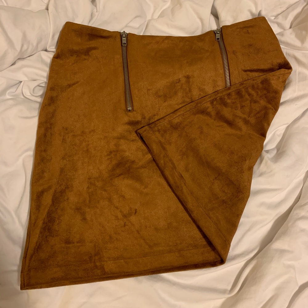 Brown Suede Zip Up Pencil Skirt
